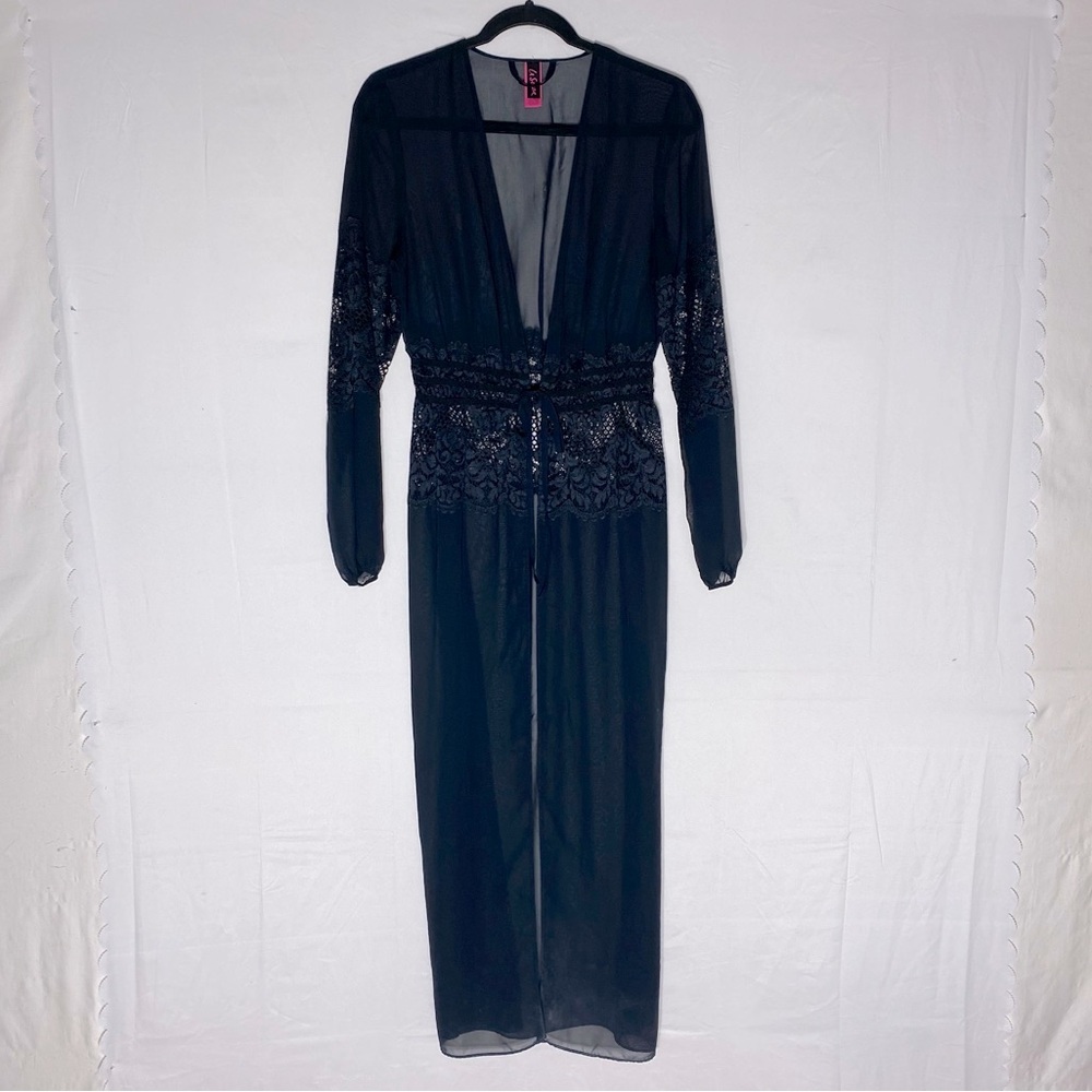 La Senza Sheer Black Long Sleeve Tie Waist Long Robe w Lace S/M